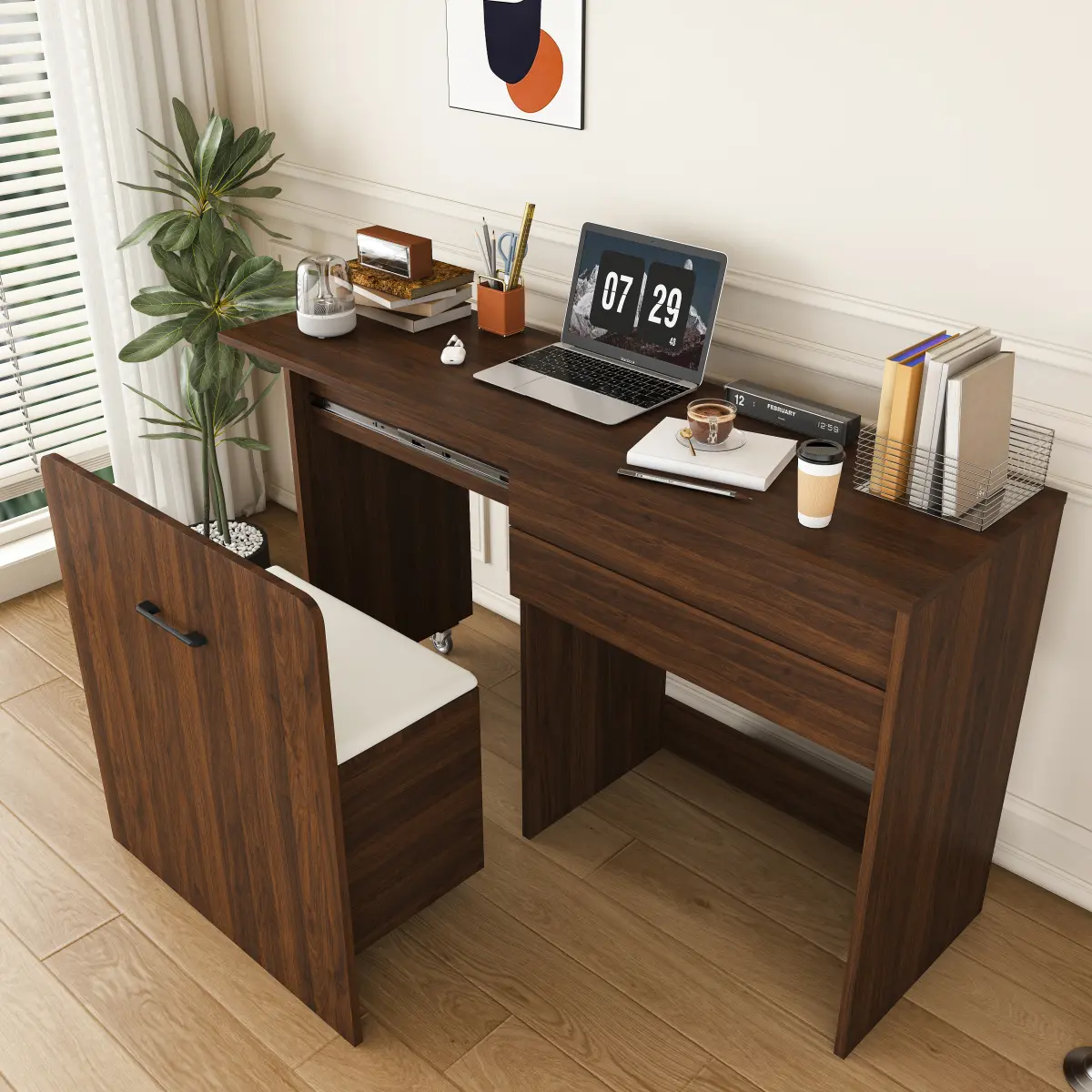 [Bellemave] Multi-Functional Stretching Desk, 47-Inch Foldable Desk, Makeup Table with Mirror, Has 3 Usage Modes, Equipped with Storage Function Stool, Suitable for Bedroom, Apartment