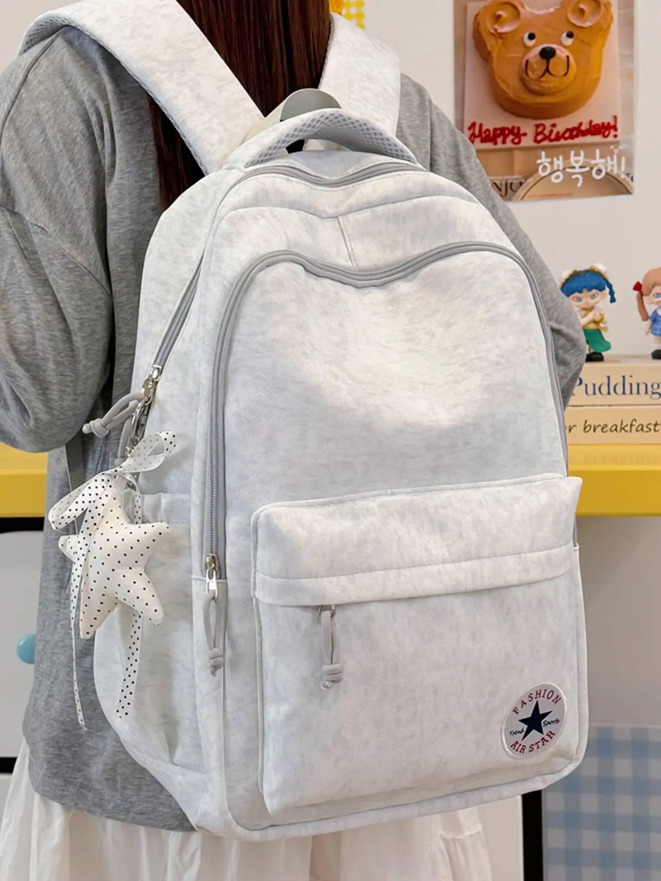 Star Badge Backpack, Plain Fabric, Preppy Style, All-Seasons, Large Capacity, School & Travel Bag, Girls' Casual Backpack