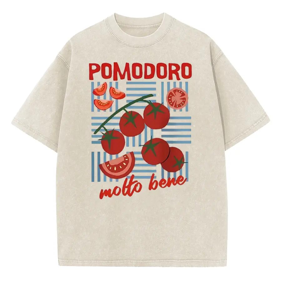 Digitex Matte Neutral Vintage Washed Unisex Acid Wash Crewneck Tee Made Of Sturdy Heavy Cotton. Cute Food-Themed Design Has Vivid Sliced Pomodoro Tomato Graphics For Daily Casual Summer Outfits Of Women And Men.