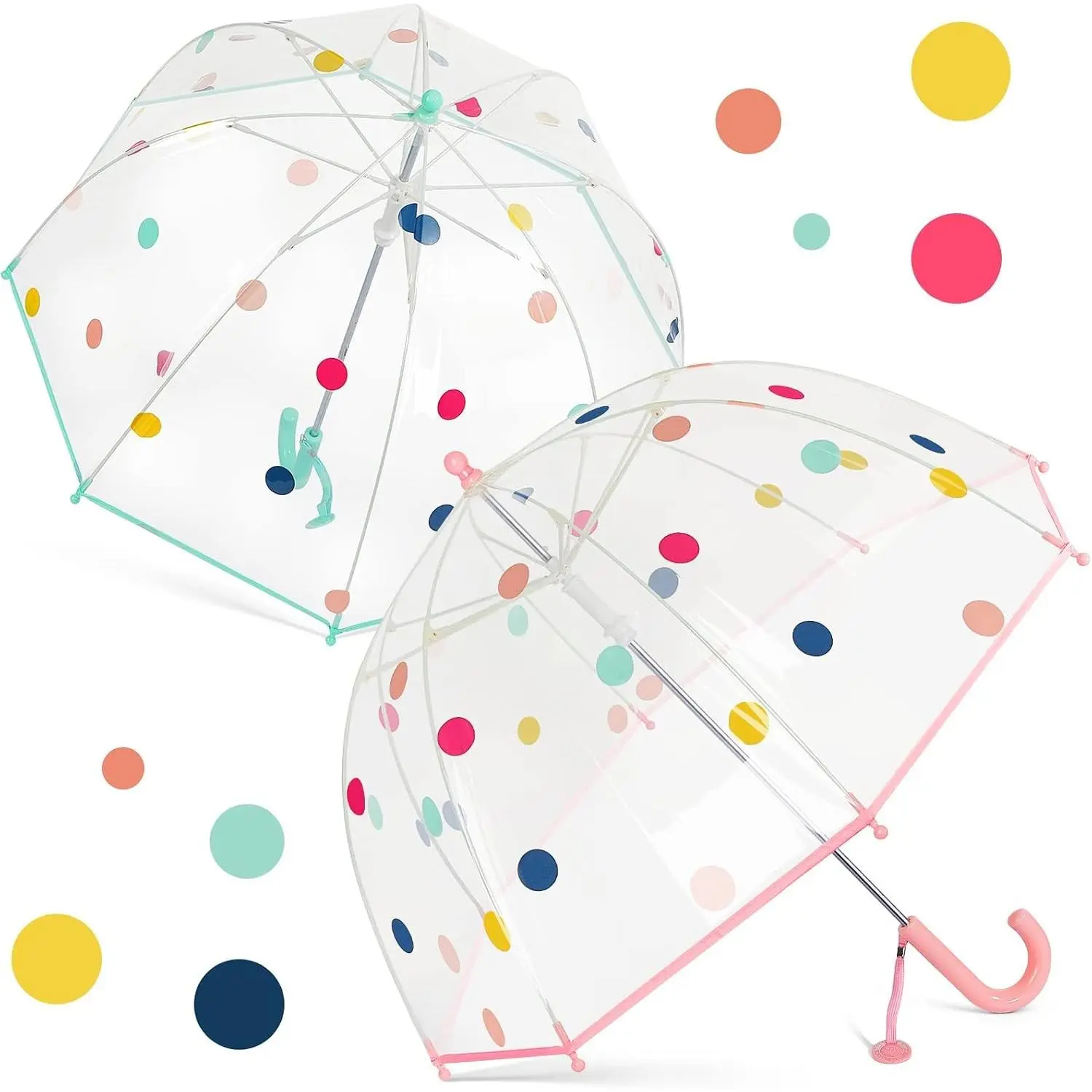 2 Pack Kids Clear Bubble Umbrellas, Windproof Transparent with Easy Grip Curved Handle for Toddler Boys Girls