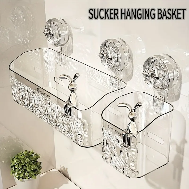 A Wall-Mounted Storage Rack Featuring a Suction-Cup Hanging Basket Adorned with a Rabbit And Bow, Designed for Use in The Bathroom Or Washroom Sink Area, Shelf Baskets