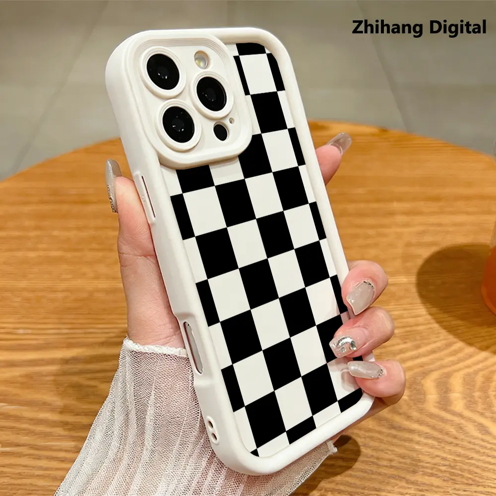Black checkered drop-proof TPU phone case for iPhone 17 Air 16Pro Max 15 Pro Max 14Plus 13 12 11 16 Plus Simple and stylish camera protection Shockproof Anti-Drop Shockproof Drop Protection Durable smartphone Phone Case