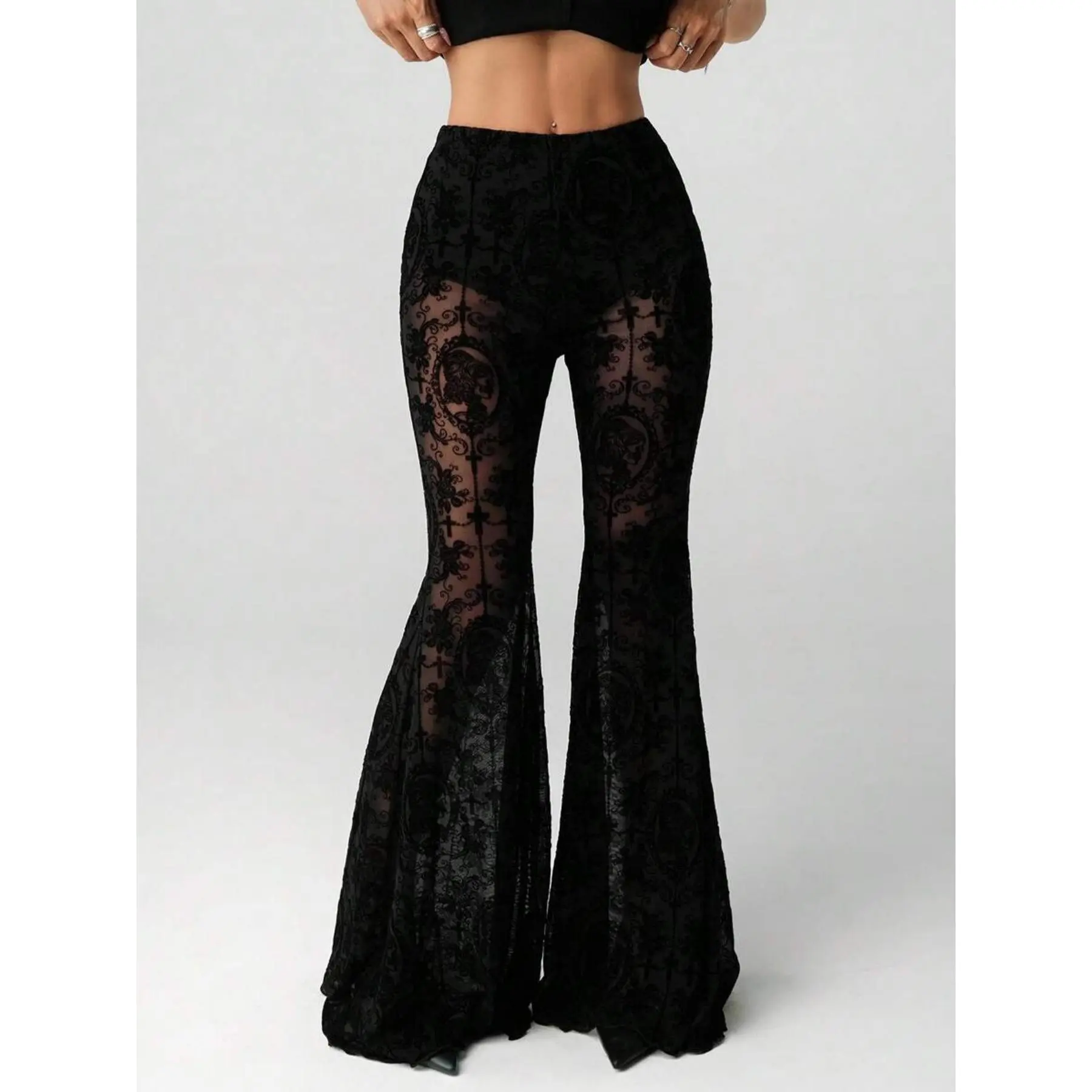 High-Waisted Slim-Fit Lace Flare Pants with Sheer Lace Patchwork for Leg-Length Enhancement, Elegant Vintage Casual Vacation Daily Wear