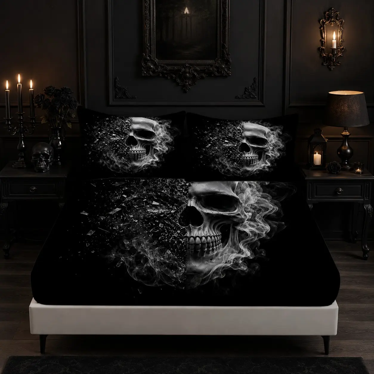 3PCS Dark Gothic Smoky Broken Glass Skull Fitted Sheet Set 1 Sheet+2 Pillowcases No Insert, Halloween Theme Bedding Set for Bedroom Dorm, Gift for Goth Fans & Teen Boys