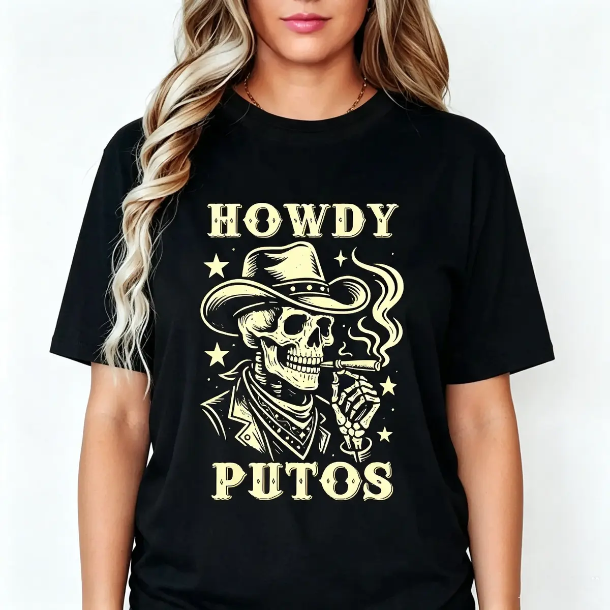 Funny "Howdy Putos" Printed T-Shirt, Women's Casual Western Cowboy Skull Graphic Top, 100% Cotton Short Sleeve Round Neck, Shortsleeve, Tops Flat Womenswear