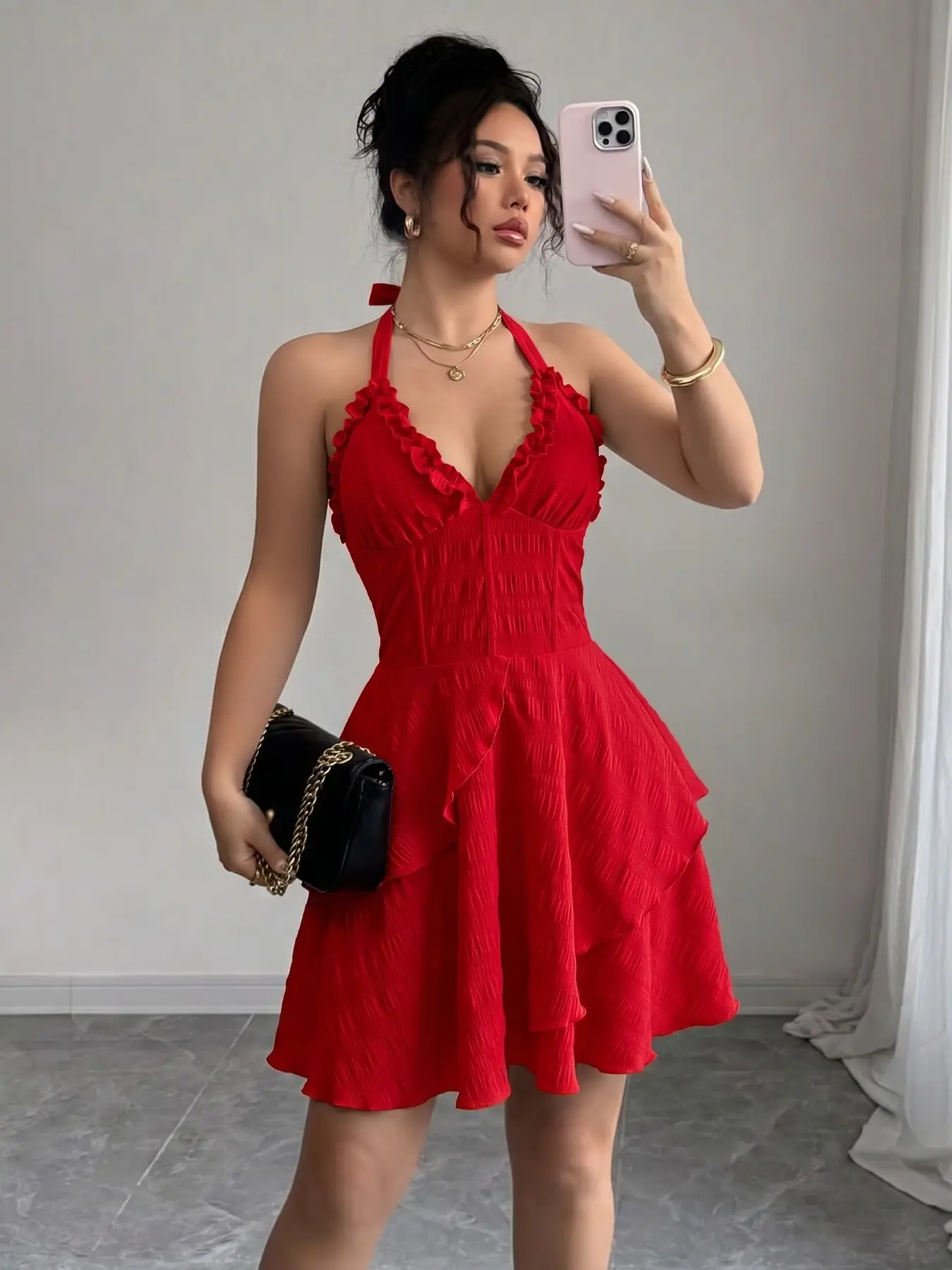 Women's Halter Neck Deep V Ruffle Trim Smocked Waist Layered Ruffle Hem Mini Dress, Elegant Party Apparel, Bright Red Sexy Coquette Dress, Perfect for Date Night, Club Party, Birthday, Vacation, Brunch, Cocktail, Y2K Summer Going Out Outfit for Ladies