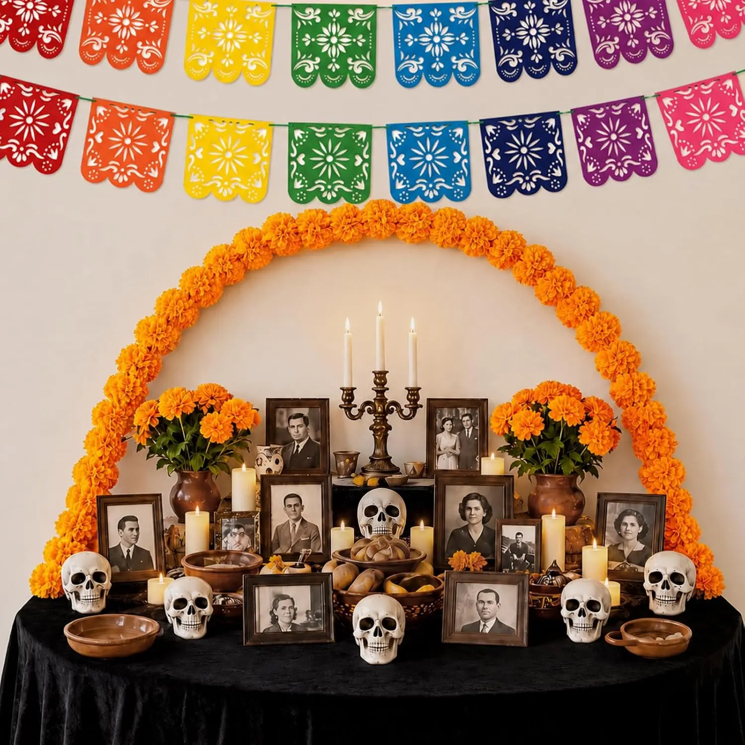67 Pcs Day of the Dead Altar Set Backdrop Papel Picado Marigold| Home Altar Supplies, Black Flannel Backdrop, Rainbow Papel Picado Banners, Marigold Flowers, Skulls for Halloween Mexican