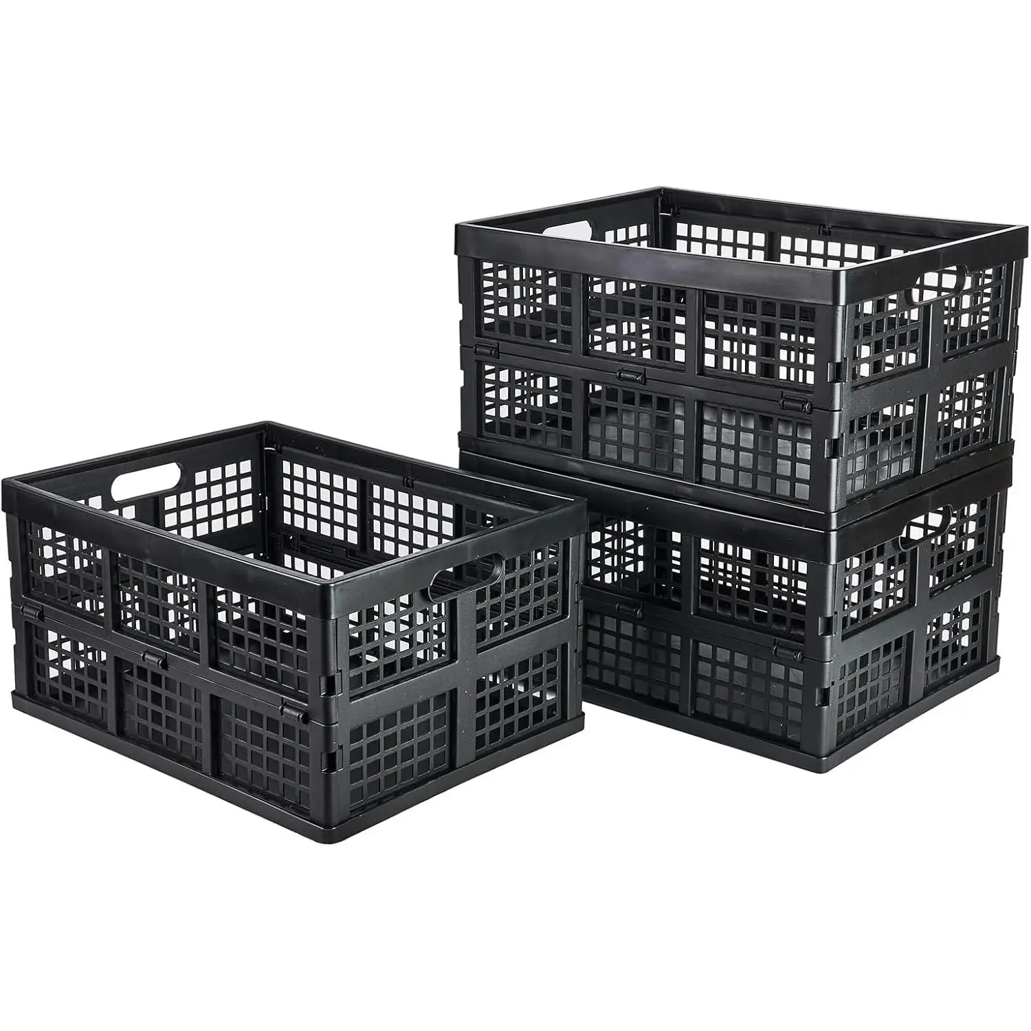 3-Pack Collapsible Plastic Storage Crates - 30L Foldable Containers for Home, Office, Dorm, Black - Durable, Stackable, Space-Saving
