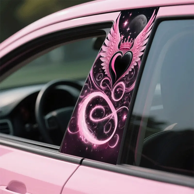 Premium Car Center Pillar Sticker Set, Waterproof and Scratch-Resistant PVC Material Bumper Sticker: Pink Wings Heart-Shaped Crown Car Decal, Dreamy and Sweet Design, Suitable for All Types of Vehicles and Glass, Metal, Plastic, Ceramic