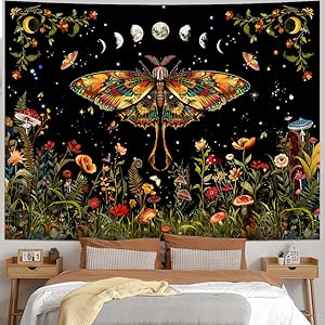 Orange Butterfly Tapestry Retro Floral Flower Tapestry Moon Phase Tapestry Aesthetic Vintage Boho Wall Tapestry Botanical Mushroom Tapestry Wall Hanging for Bedroom