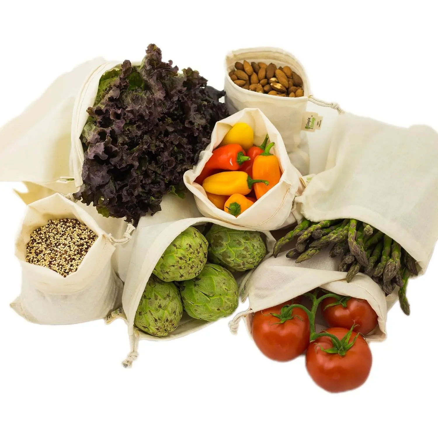 Reusable Grocery Produce Shopping and Storage Bags, Organic Cotton Muslin, Set of 6 (2 ea. of L, M, S)