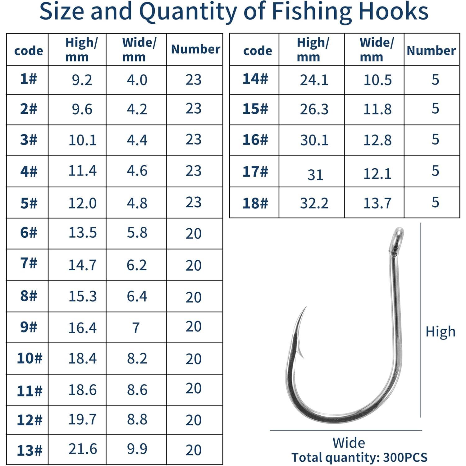 300 count Fishing Hooks, 18 Sizes High-Carbon Steel Barbed Fish Hooks with Holes, Fishing Gear with Storage Box, Suitable for Fishing in Any