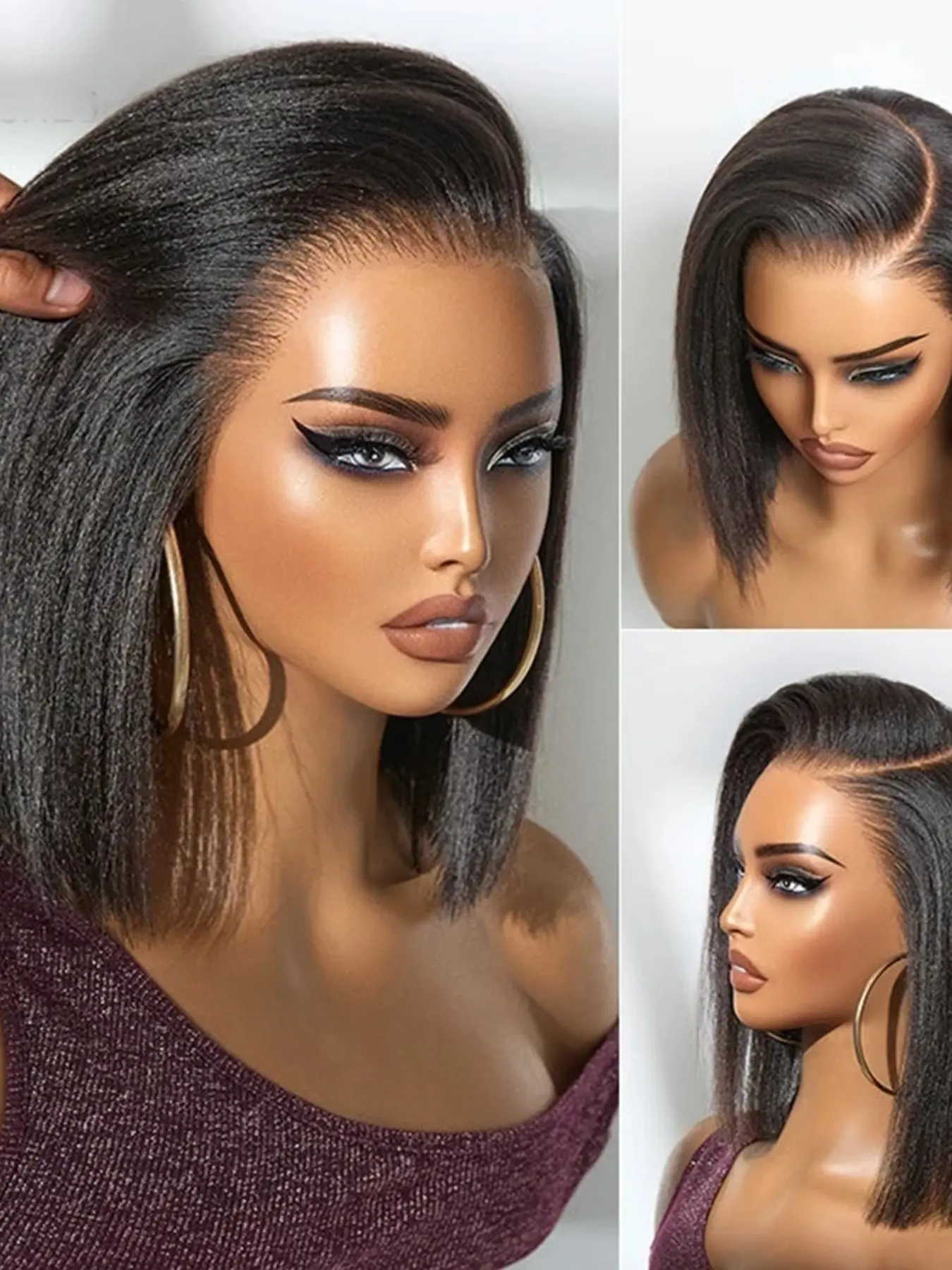Soft Long 18 Inch Short Bob Natural Black 180 Density Yaki Kinky Straight Hair Wig, Heat Resistant, Pre-Plucked, Daily Wear, Synthetic Glueless, 13x4 Front Lace, Lace Frontal Wig