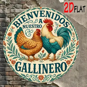 8,12 Inch Round 2D Flat Spanish Chicken Coop Aluminum Sign, Vintage Farmhouse Rooster & Hen Metal Wall Plaque with Spanish Bienvenidos Welcome Text, Rustic Decor for Chicken House Farmhouse, Chicken Lover Gift