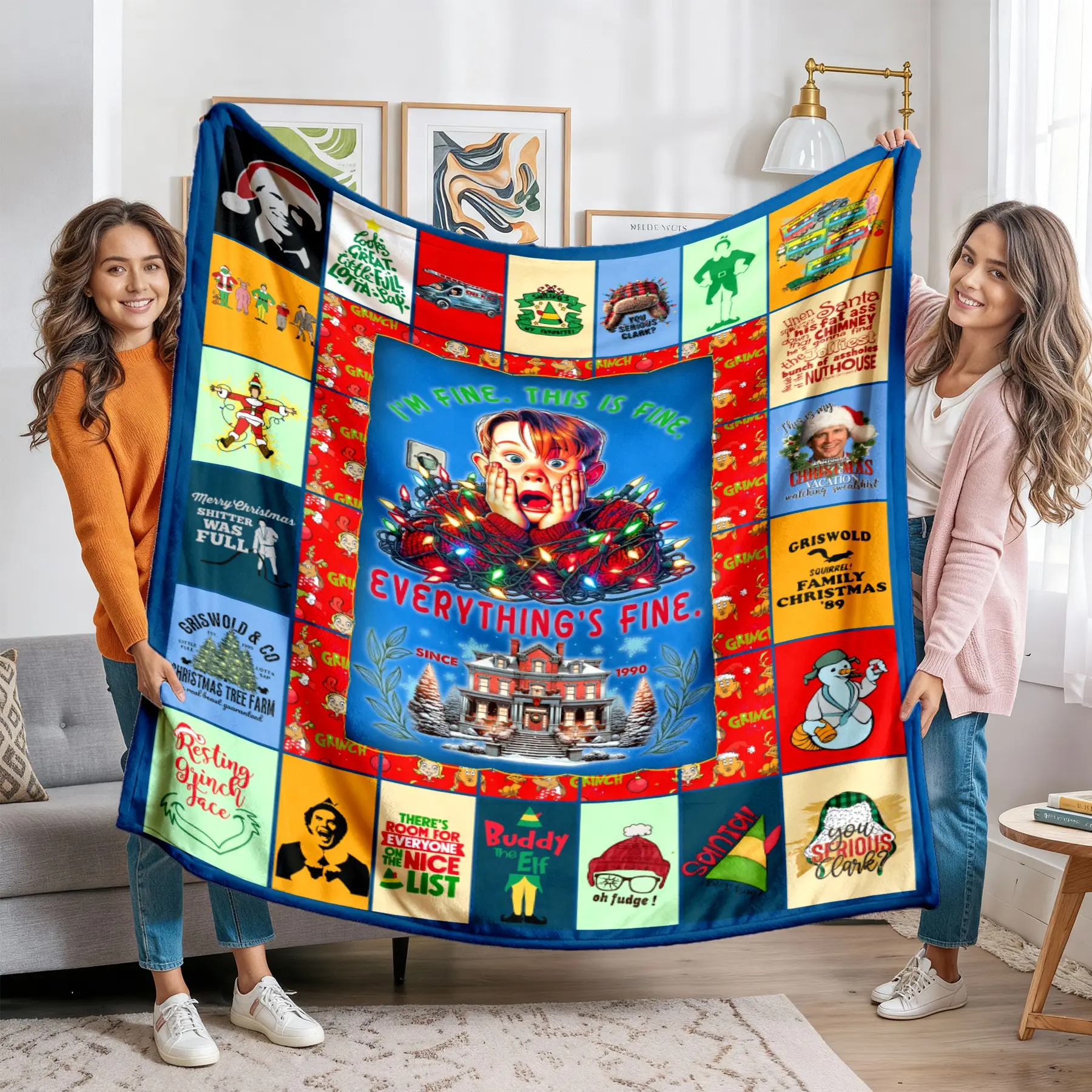 Classic Christmas Movies Collage Flannel Blanket, Home Alone, Christmas Vacation, Grinch & Elf Funny Quote Throw, Vintage Holiday Gift