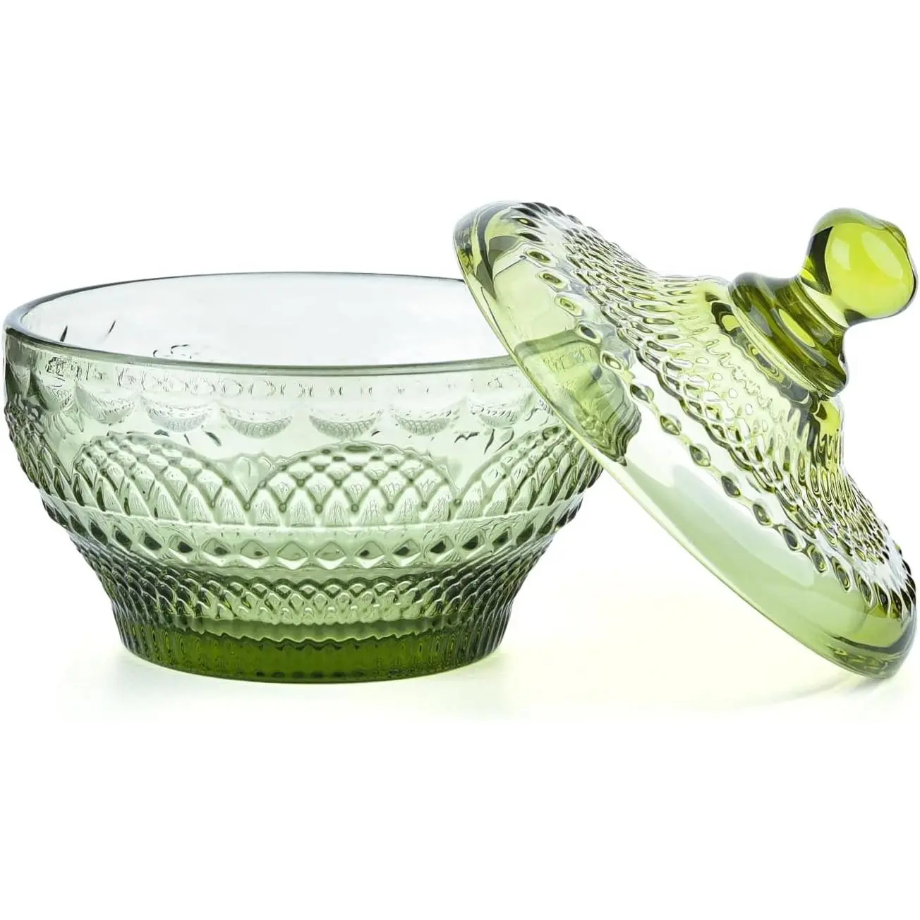 Vintage Embossed Glass Candy Storage Jars with Lid - Light Green | Small Decorative Colorful Candy Dishes Green Cookie Container, Pretty Covered Bowls for Chocolate Dessert Icecream Buffet