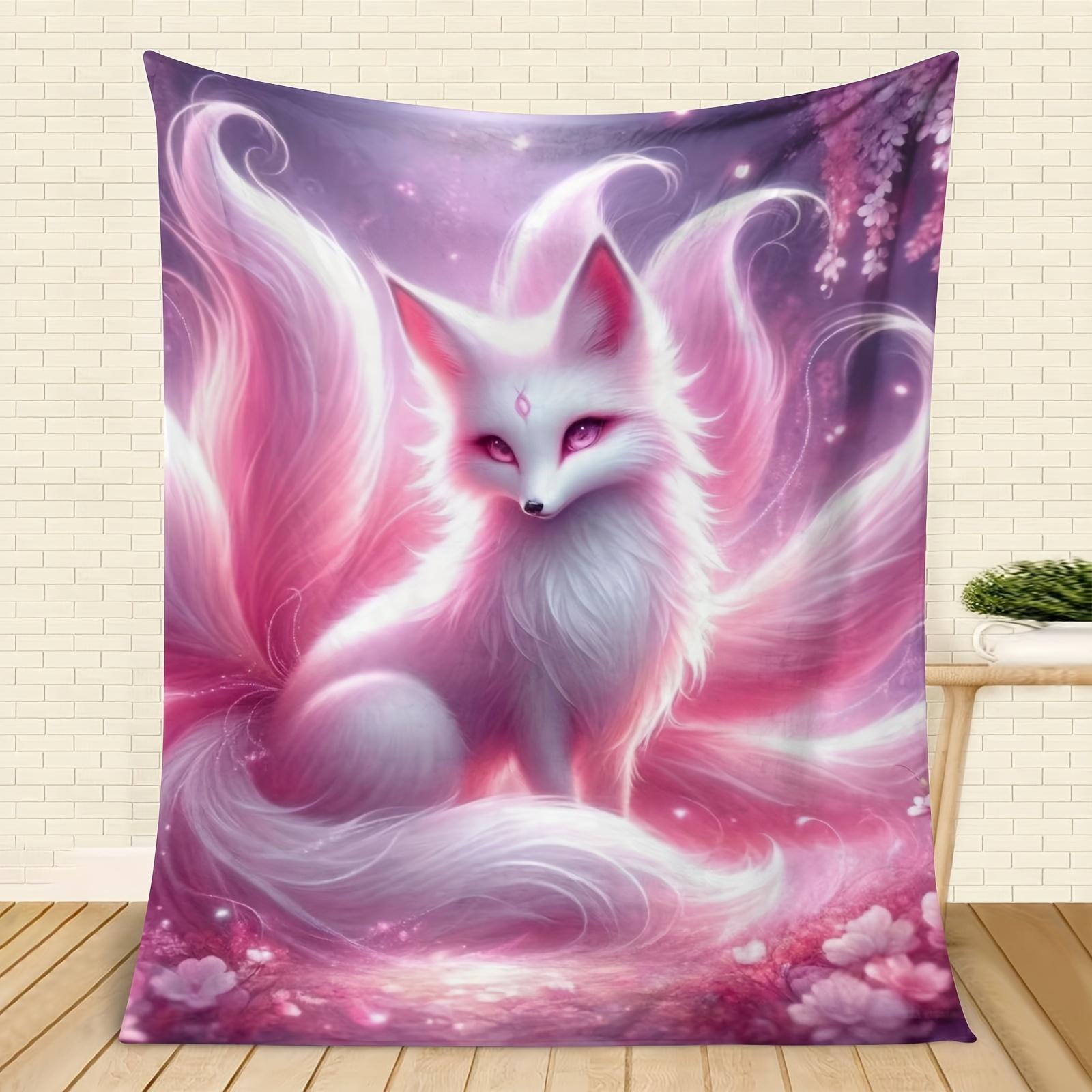 1pc Pink Nine-Tailed Fox Series Flannel Blanket  All-Season Comfort Suitable As A Warm Cozy Blanket For Home Sofas, Bedding, Office Napping, Travel, And Camping, Perfect As A Gift For Friends And Family