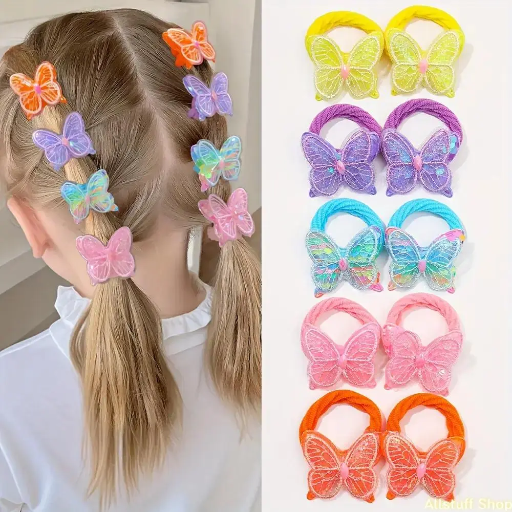 Tulle Butterfly Hair Ties & Clips Set - Glitter Mesh Bow Hair Elastics, Colored Whimsical Fairytale Hairbands & Scrunchies, Cute Ponytail Holders for Toddlers, Ideal for Daily School, Birthday Party & Kids Gift, Colored Hair Clip Hairbands & Scrunchi