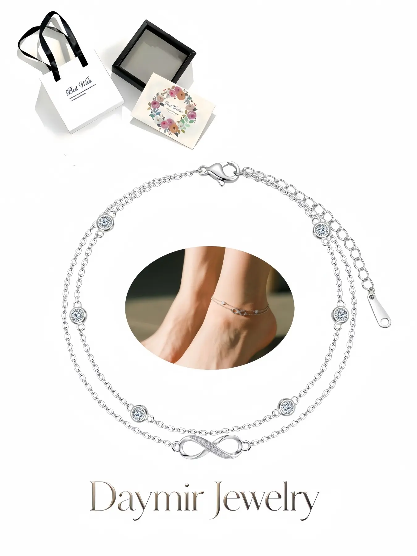 Versatile summer infinity‑symbol anklet, premium fade‑resistant zircon foot chain with unique design for women. Packaged in elegant pull‑out jewelry box, ideal for birthdays, back‑to‑school, Valentine’s Day, Christmas and anniversaries.
