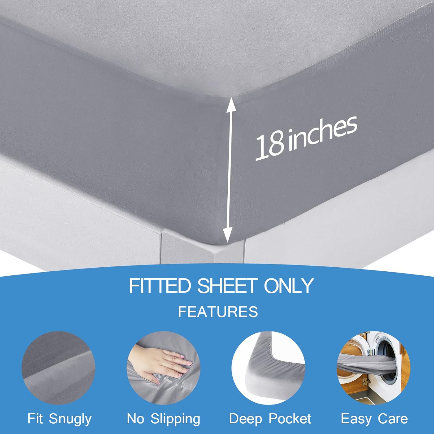 Split Top  Sheets Only,   Sheet for 34" Top Split from  Adjustable Bed, Up to 18" Deep Pocket, Half Split Bed Mattress Sheets, Gray