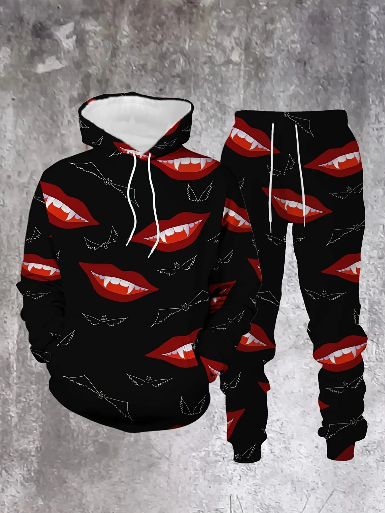 Men's Halloween Costume Set, Vampire Fangs Lip Bat Print Hoodie and Pants, Casual Fall Winter, Slim Fit Sweatshirt Set