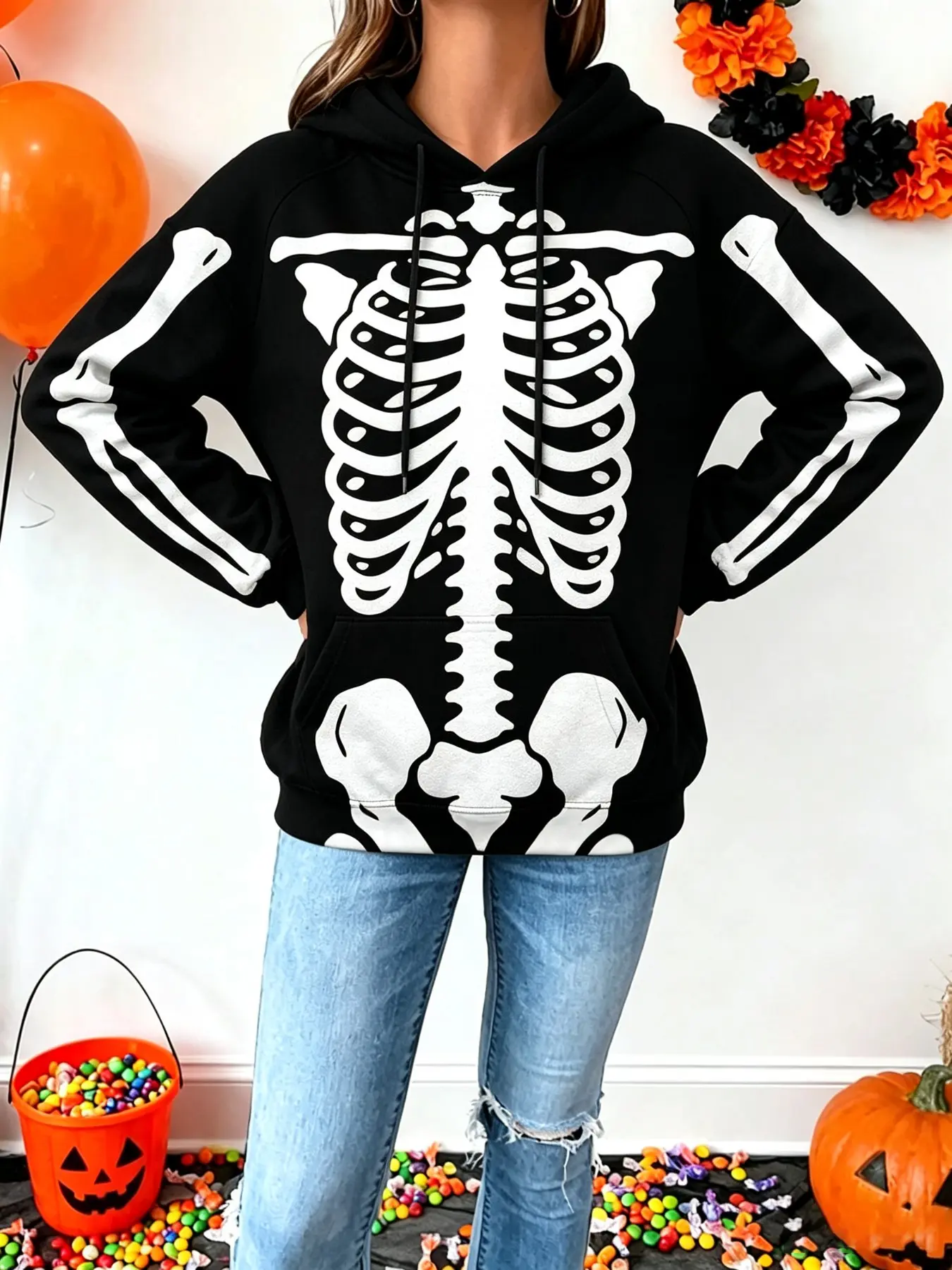 2026 Viral TikTok Halloween Skeleton Hoodie for Women Men, 3D Full Body Bone Print Pullover Hooded Sweatshirt, Mask Skull Design Back Hood, Ideal for Halloween Trick Or Treat Party, Haunted House Cosplay, Day Of The Dead Parade, Fall Daily Outfit,