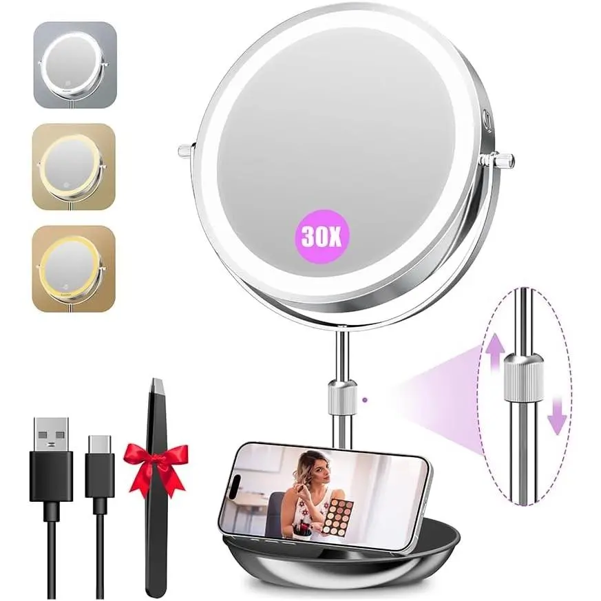 9" Large Lighted Makeup Mirror with Magnification, 1X/30X Double Sided Magnifying Mirror with Adjustable Height, Rechargeable Vanity Mirror with 3 Color Dimmable Lights, 360° RotationGift.