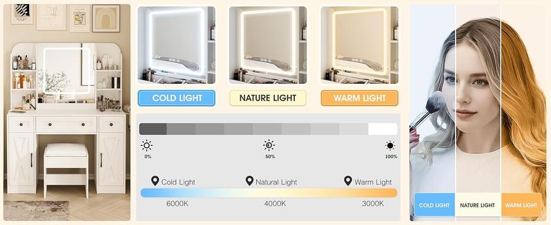Vabches Makeup Vanity Desk, Vanity Mirror with Lights Desk and Chair, White Vanity Table with Large Storage Drawers and Shelves, Time and Temperature Display, 3 LED Lighting Modes Adjustable, White