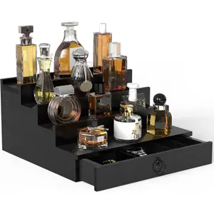 Cologne Organizer for Men, 4 Tier Black Wood Perfume Display Holder with Felt Lining Drawer & Hidden Compartment, Ideal Gift for Men