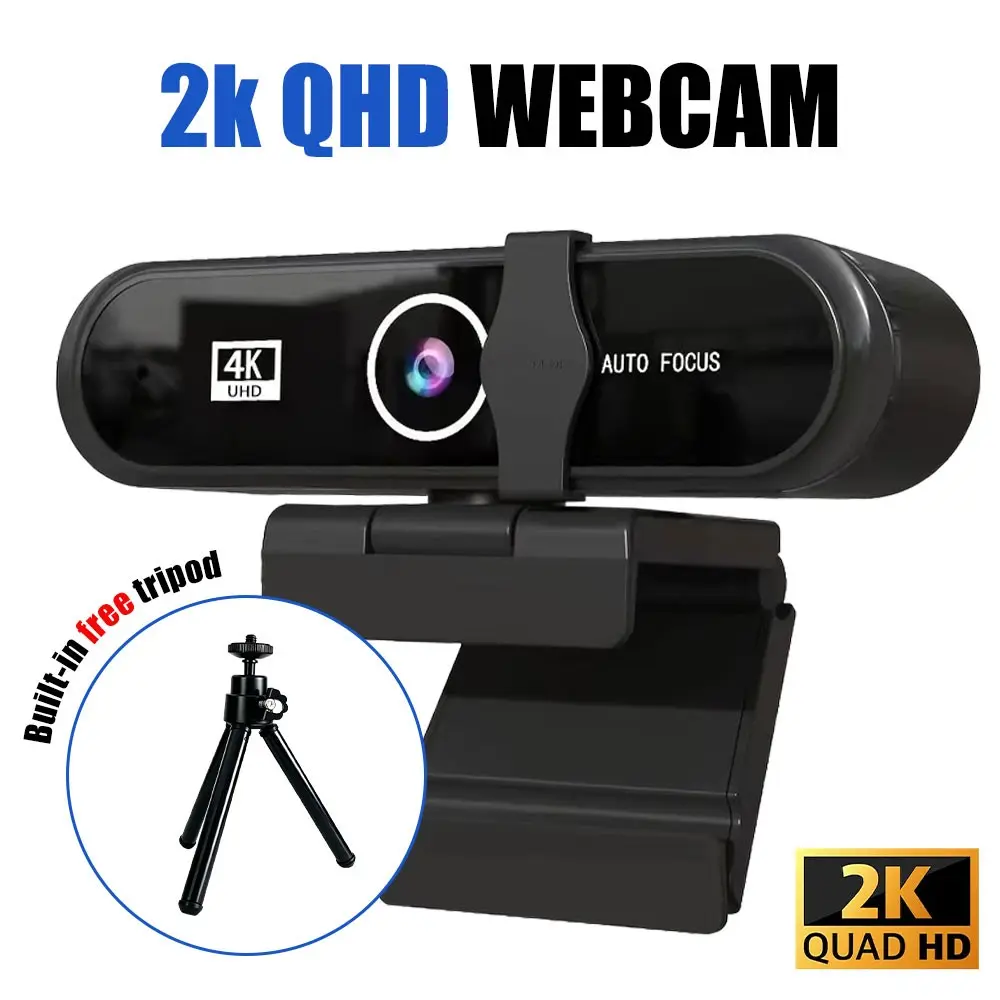 2K Webcam with Tripod Stand, Auto Focus USB Camera with Privacy Cover, Wide-Angle Webcam with Microphone, External USB Webcam, Plug & Play for PC, Laptop, Meetings, Streaming & Remote Work