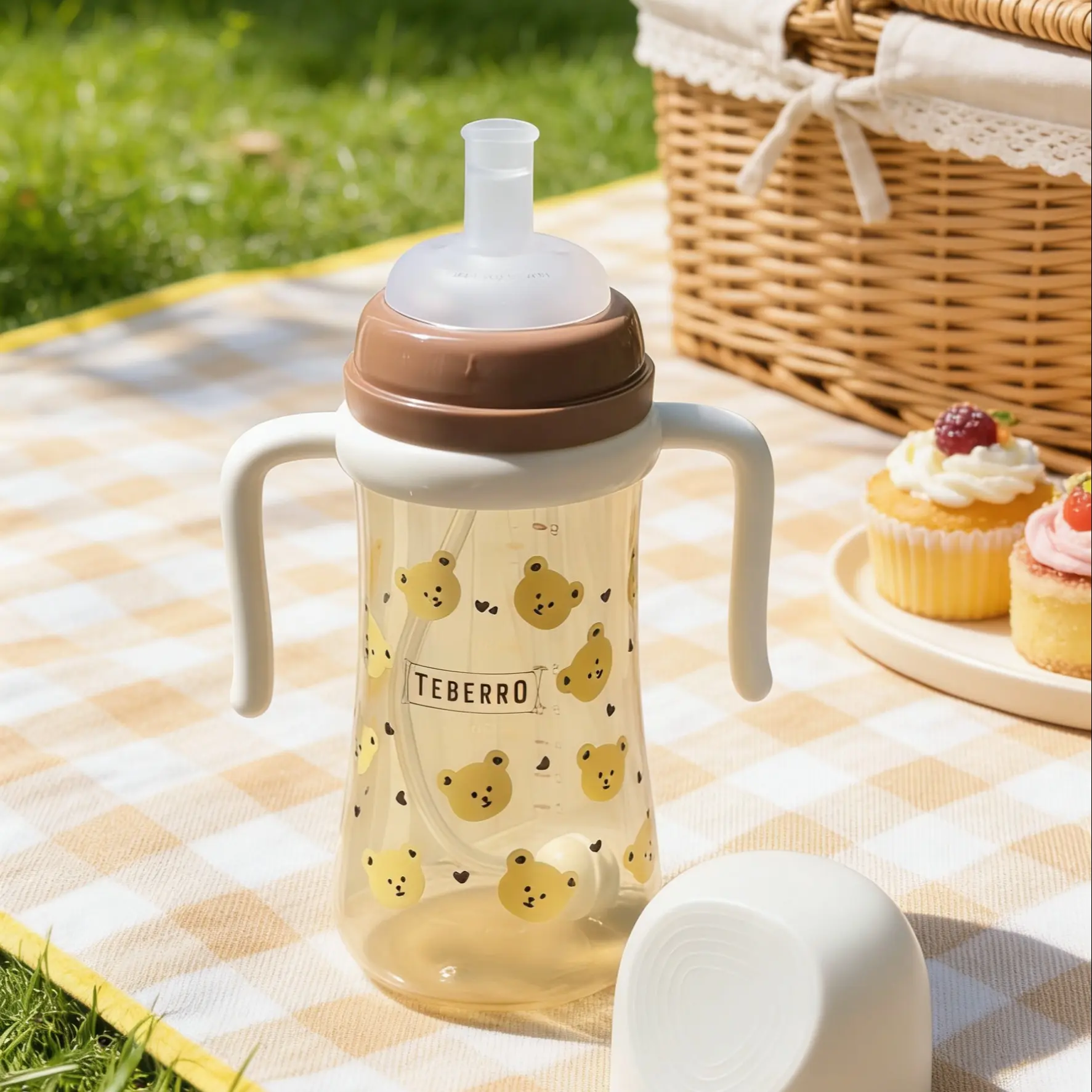 Bear Pattern Baby Sippy Cups, 1 Set Anti-spill & Anti-colic Training Cup with 1 Count Nipple, Toddler Straw Cup with Temperature Sensitive Scale, Baby Bottle