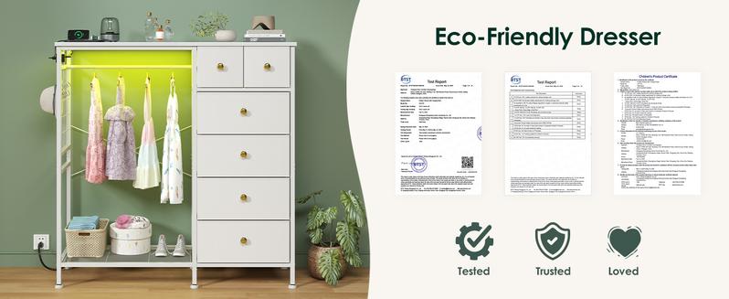 47.2" White Dresser with Hanging Rack, 2 in 1 Bedroom 6 Drawers Dresser with LED Lights & Charging Station, Wooden Dressers with Fabric Drawers and Clothing Rack for Girls, Kids