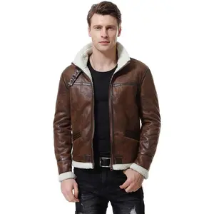 Men's Faux Leather Jacket Brown Motorcycle Bomber Shearling Suede Stand Collar