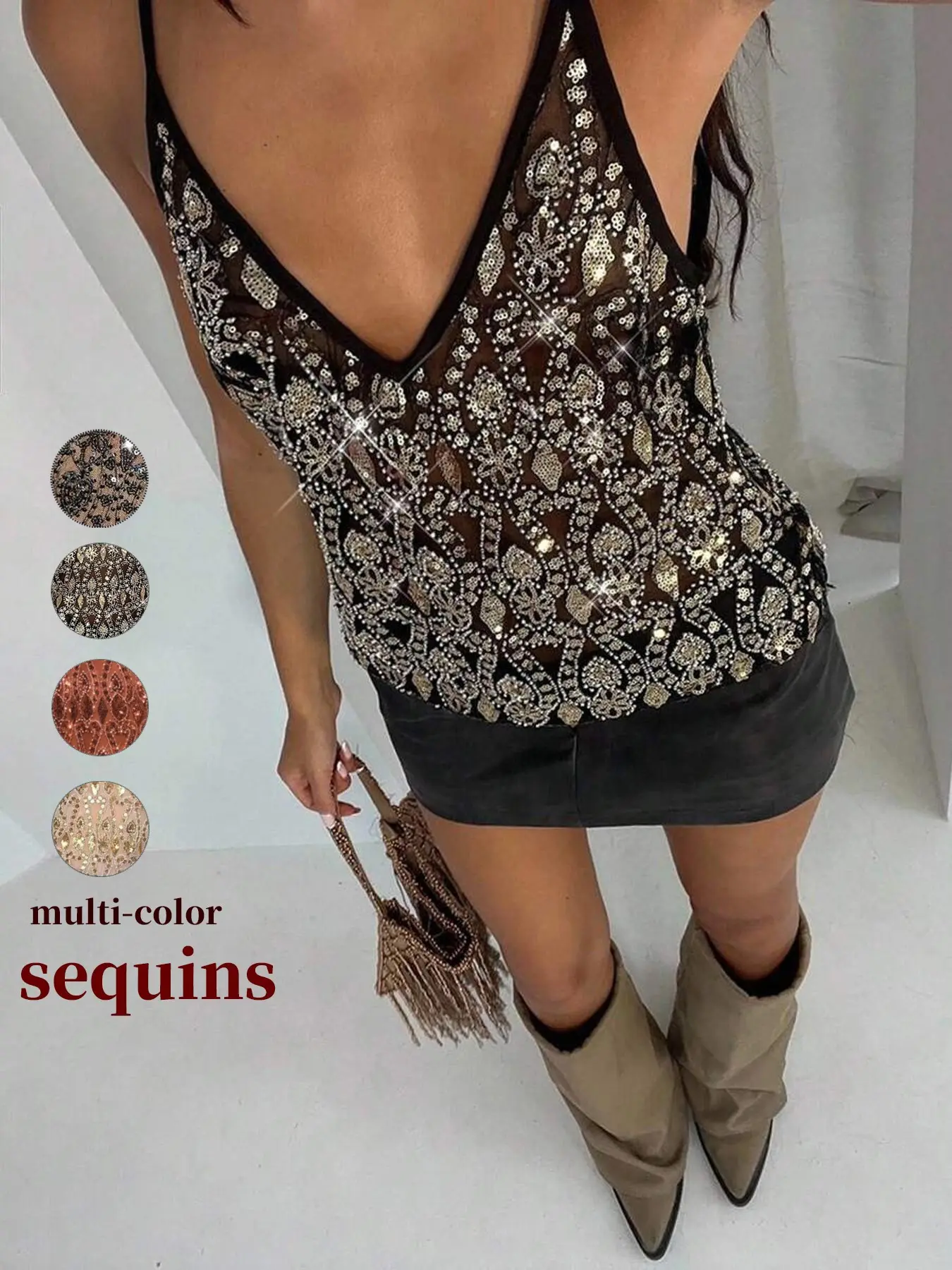 Women's Transparent Mesh Deep V-Neck Backless Short Streetwear Top with Sequin Patchwork, Chic Street Style for Parties and Casual Wear