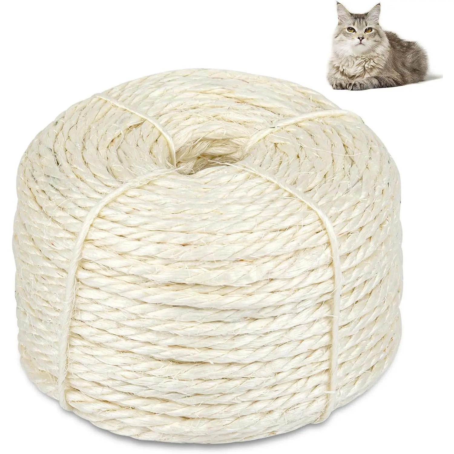 50 Ft Sisal Rope for  Tree, 1/4 Inch  Twine, White Color |  Sisal; Tightly Twisted Rope; Scratch  Repair; DIY  Tree Wrapping; Furniture Protection; Promotes  Claws