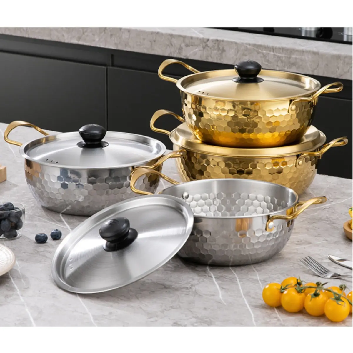 3-piece Luxury Hammered Stainless Steel Sauce Pans, Premium Sauce Pot Set, Korean ramen pot with handle, stainless steel everyday cooking pot, dishwasher-safe rust-proof small soup pot, suitable for soup, noodles, Cooking Pot Sets, Kitchen Pots, Cookware