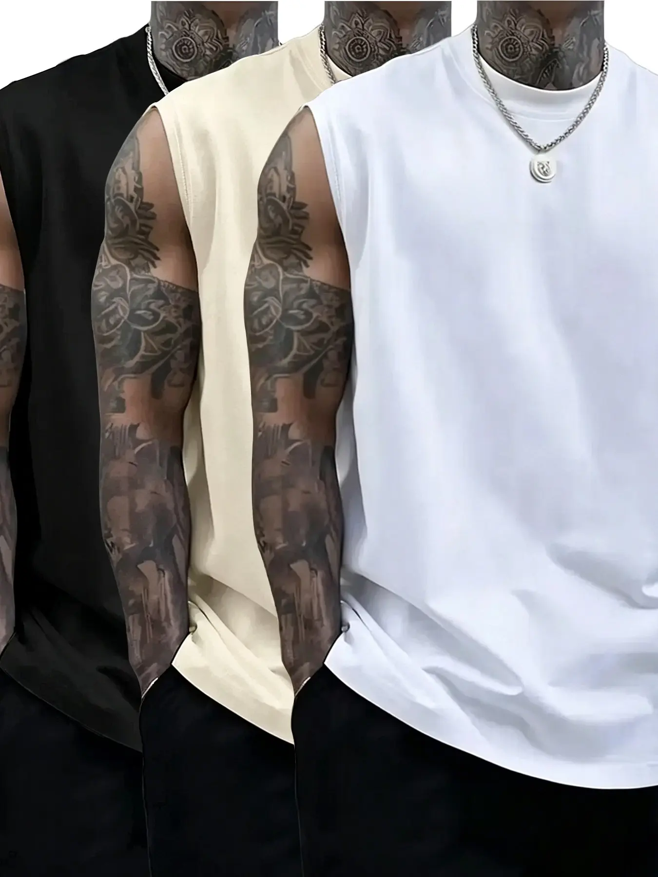 Men's 3-Pack Sleeveless Round Neck Tank Tops Set, Loose Fit Oversized Conceal Fatigue Design, Plain Color Basic Streetwear Combo, Casual Summer Clothing