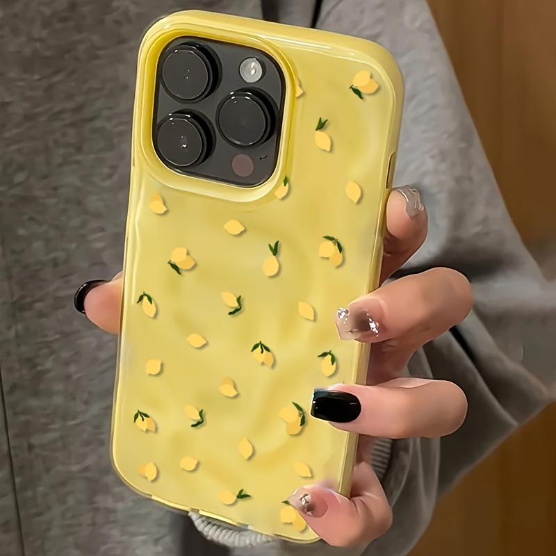 A protective case with a yellow lemon pattern design, featuring a wrinkled texture. This phone case is suitable for various iPhone models including 16/15/14/13/12/11 Pro Max/Plus. It's a popular birthday gift and business gift, durable and brand new, suit