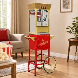 ARCH Vintage Popcorn Machine Cart, 12oz Stainless Steel Kettle, Red Movie Theater Style Popcorn Maker with Wheels, Tempered Glass, 3-Switch Control, Storage Cabinet, for Party Home Kitchen, Red Color Options, Stainless Steel Material