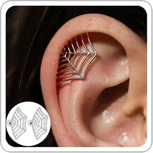 2-Piece Spider Web Cartilage Earrings for Women, Silver Plated Gothic Studs with a Curved Fit for Helix & Conch, Alt Witchy Halloween Jewelry, Women's Fashion, Alt Earrings