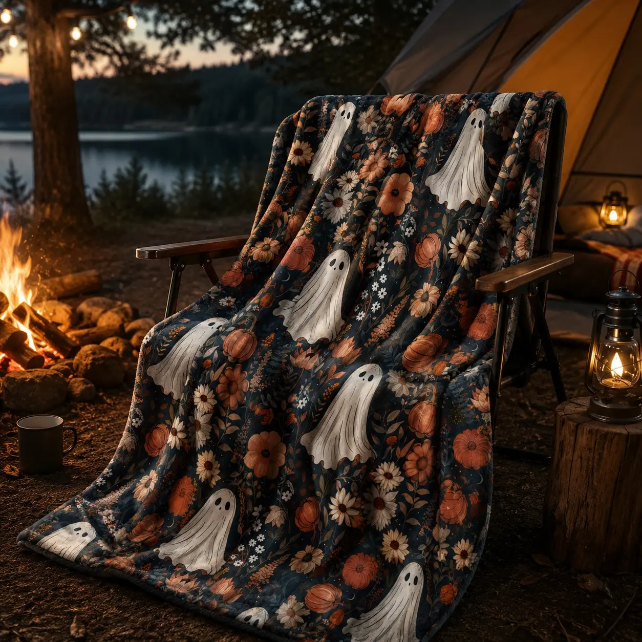 Dark Background Floral Ghost Pumpkin Fleece Blanket, Soft Warm Flannel Nap Blanket, Cottagecore Halloween Home Decor Gift, Flannel Blanket Throw