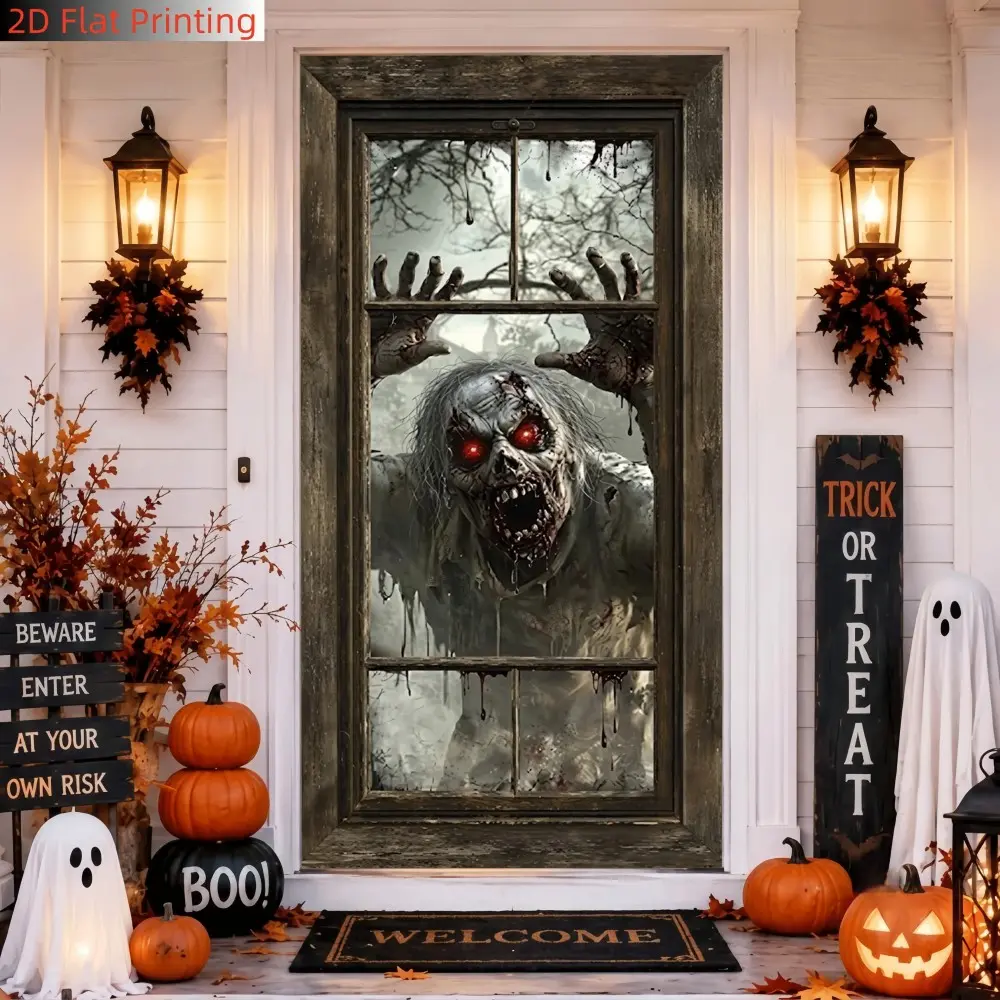 1PC 2D flat retro wooden window red-eyed zombie window opening bloodstained dead tree scary Halloween door banner polyester fiber suitable for Halloween decoration, zombie theme party scenery, indoor and outdoor horror atmosphere wall decoration