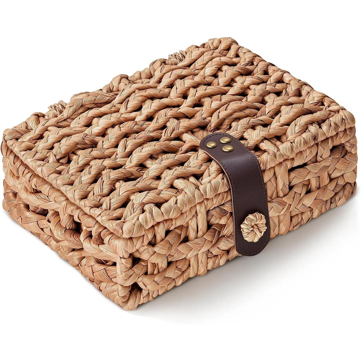 Decorative Box with Lid, Handwoven Water Hyacinth Wicker Woven Box |   Decorative Storage Basket for Coffee Table, Console, Shelf, Bedroom, Living Room  Decor, Small