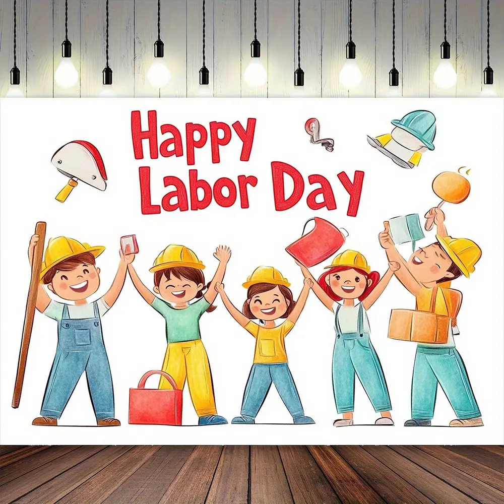 Labor Day Construction Worker Theme Backdrop Banner - Premium Polyester Foldable Reusable Machine Washable Photography Backdrop for Baby Shower, Anniversary, Indoors, Lightweight Home Decor Tapestry, Foldable Reuse, Party, Room, One-Piece