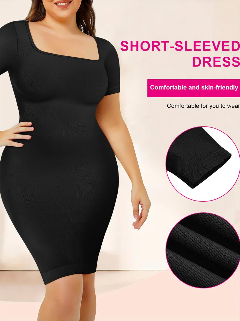 Women's High Elastic Bodycon Dress Short Sleeve Mid-Length Shapewear, Casual Slim Fit Skirt for All Seasons, Kardashian Style