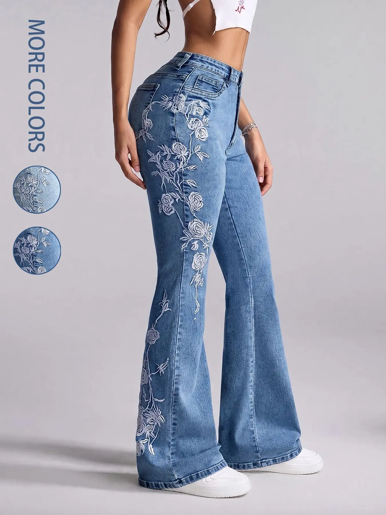 Women's Casual Fashion Floral Embroidered Stretch Fitted Elegant Flare Jeans, Comfortable and Stylish Denim Jeans for Everyday Wear Pants