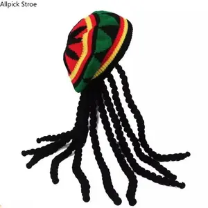 Jamaican Dreadlock Hat – Colorful Knitted Beret with Rainbow Braids, Reggae Style Wool Cap for Halloween Costume, Bohemian Festival