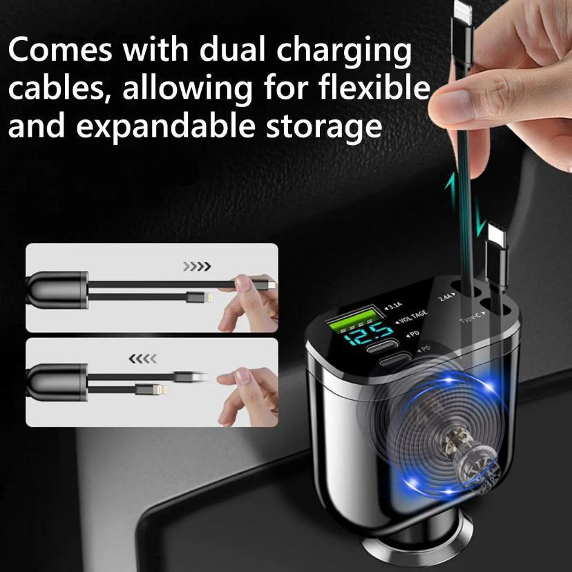 Compact Car Charger with Two Extendable Cables, Easy-to-Use Design for Apple and Android Phones, Multifunctional Portable Charging Solution
