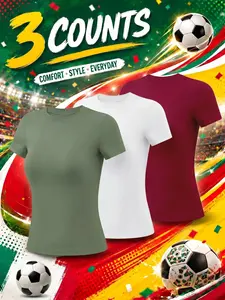 Women’s 3 Pack Soccer T Shirts Cooling Comfortable Breathable Workout Short Sleeve Tops Buttery Soft Four Way Stretch Solid Color Crew Neck Slim Fit Pilates Yoga Tops for Gym Outdoor Running Cycling Moisture Wicking Quick Dry Daily Casual Fitness Tees