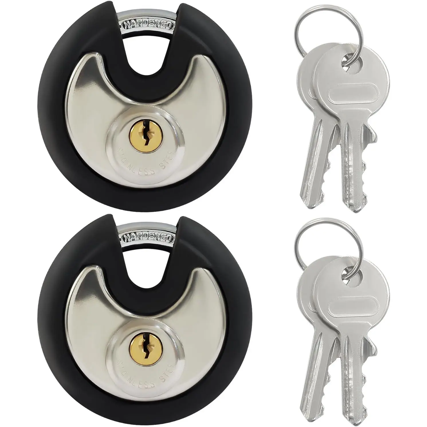 2 Pack 70mm Black Keyed Alike Disc Padlock with Bumper, Keys, Metal Body, Weatherproof Storage Locks for Outdoor Users